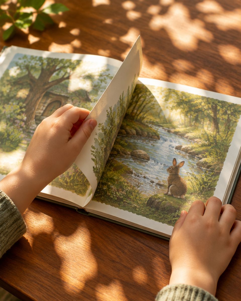 A child's hands turning the page of a picture book in dappled sunlight